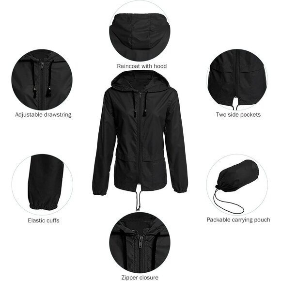 Plus Size Waterproof Rain Jacket Women's Lightweight Packable Windbreaker - Picture 6 of 6